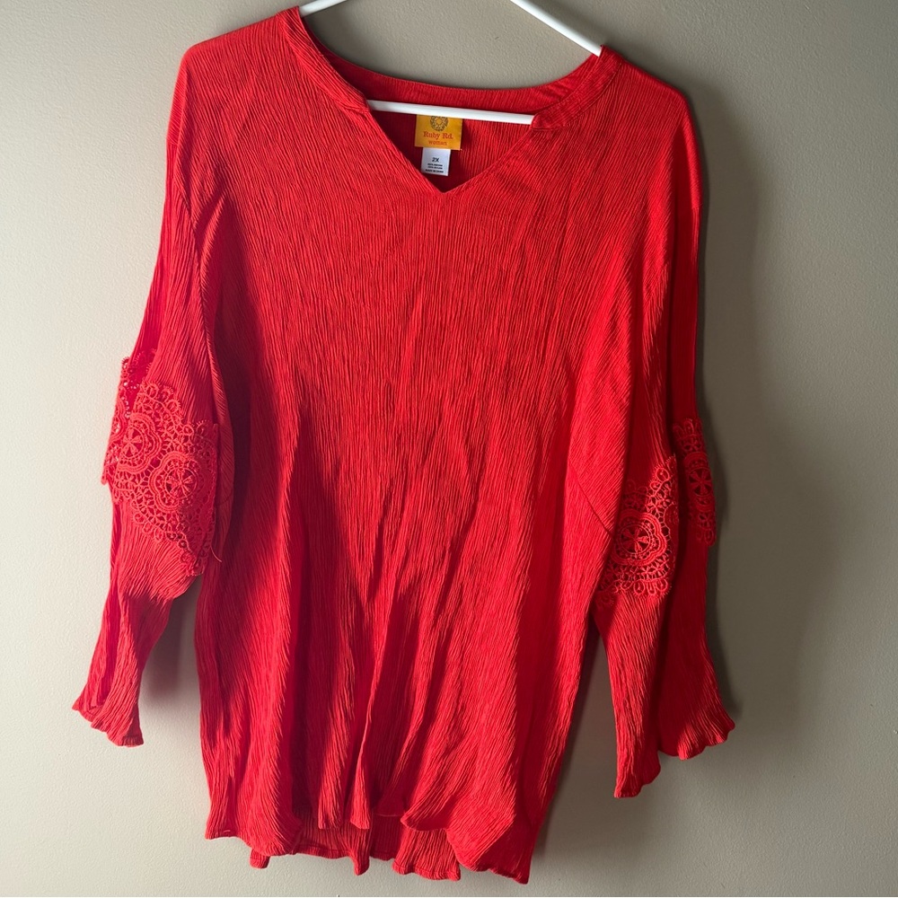 Women's Red V-Neck Top with Lace Sleeves by Ruby Rd